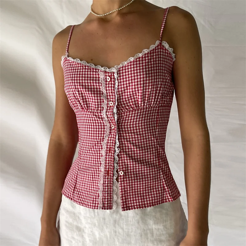Lamuusaa-Tops y2k con estampado a cuadros para mujer, sin mangas con tirantes finos camisola, ropa de coqueta dulce