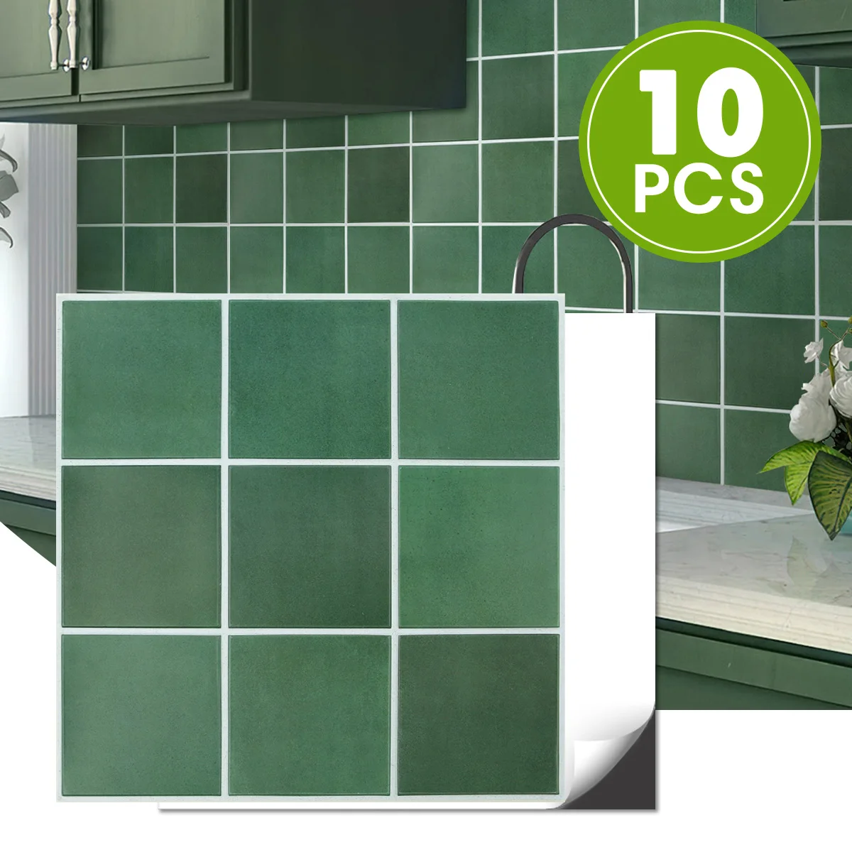 

10 шт., простая в установке, 11,8 x 11,8 дюйма, 3D темно-зеленая квадратная самоклеящаяся настенная панель, кухонный фартук, современное украшение стен