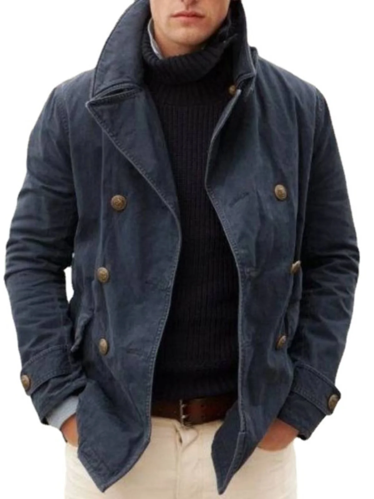 

Double-Row Button Men's Casual Faion Outerwear Pure Color Men's Windbreaker Youth Autumn Long Sve Flip Collar Jaet