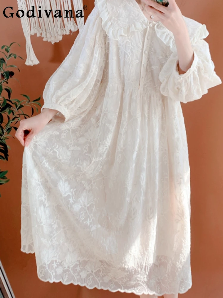 

Summer Japanese Sweet Peter Pan Collar Elegant Court Beige Lace Dress Fashione Girl Age Reduction Medium Sleeve Loose Dresses