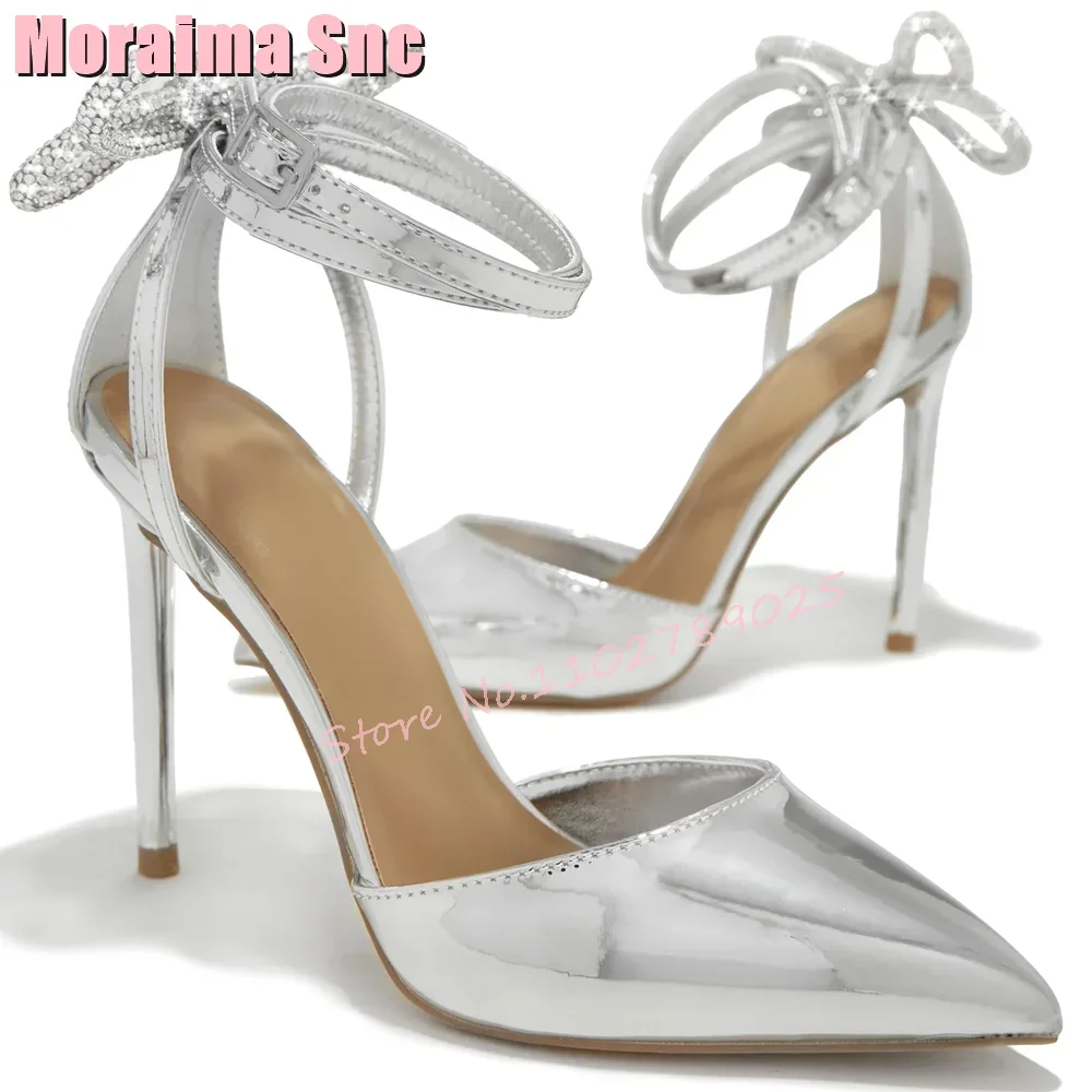 Mirror Leather Back Crystal Bow Sandals Pointed Toe Stiletto High Heels Ankle Buckle Strap Silver Sexy Women Shoes Summer 2023