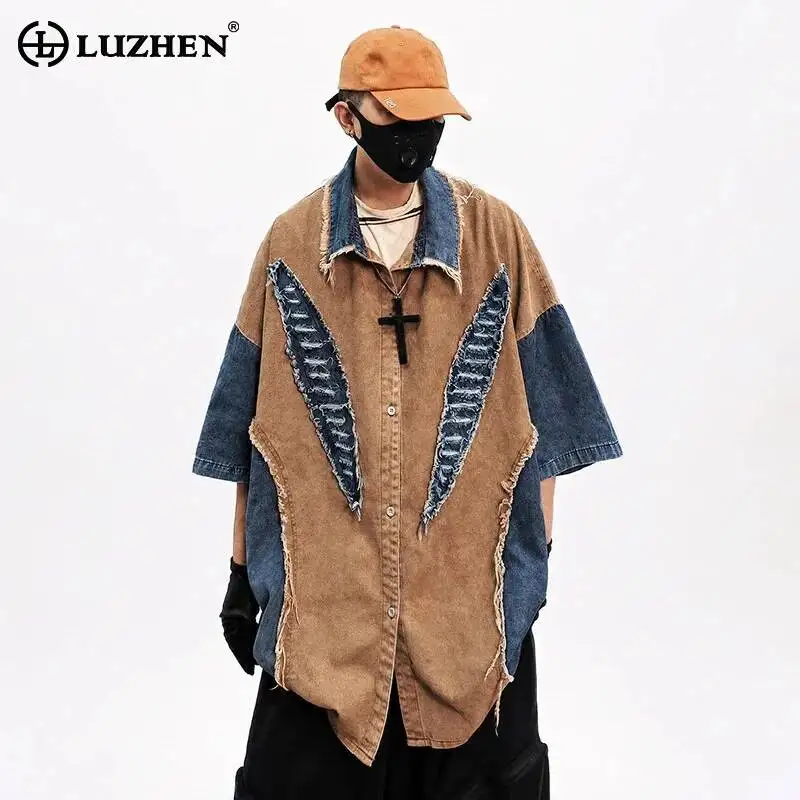 LUZHEN 2026 Summer Patched Patchwork Design Denim Loose Short Sleeve Shirts Men's Trendy Handsome Streetwear Casual Tops JY7408