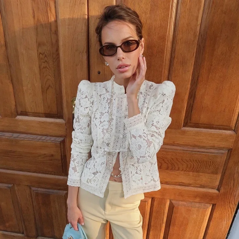 Elegantes Camisas Blancas de Verano con Bordado y Mangas Abullonadas, Blusa de Encaje Calado, Top Casual con Cuello de Solapa, Camisas Vintage 2026