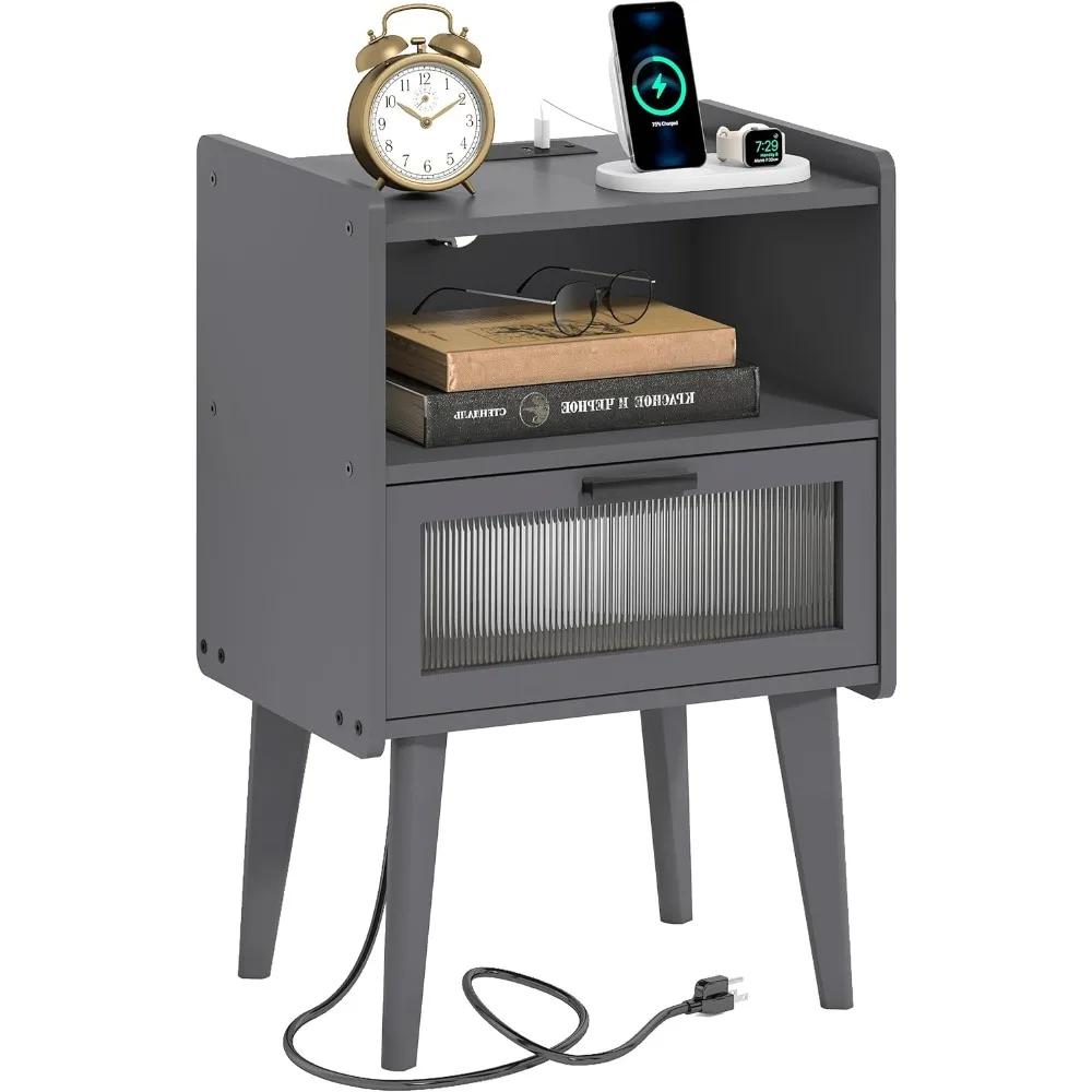 

Nightstand with Charging Station, Bedside Tables Grey End Table Side Table with 2 Tiers Storage Space, for Bedroom Living Room