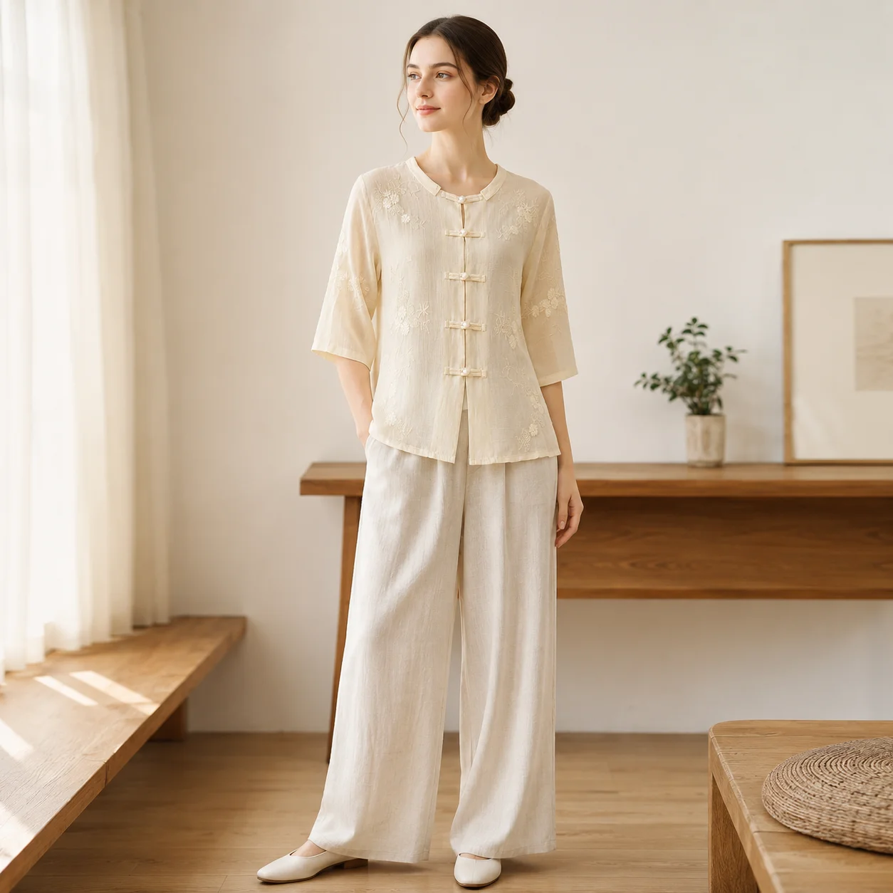 EOENKKY Women Chinese Style Embroidered Blouse Frog Button Half Sleeve Loose Fit Vintage Summer Top M-3XL