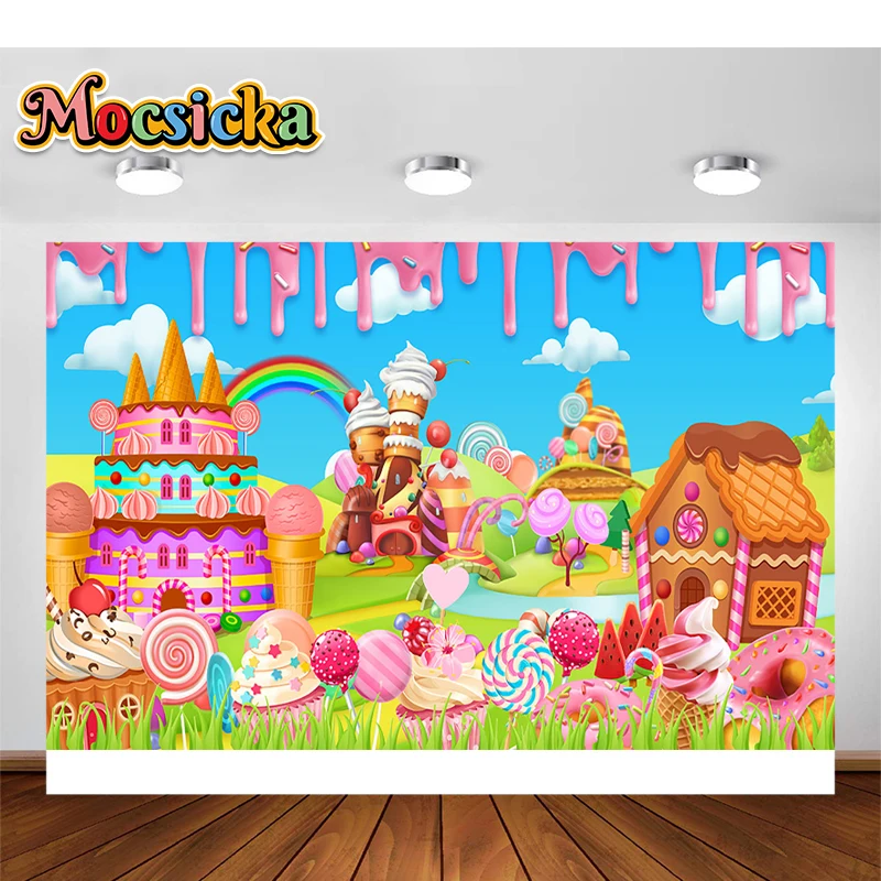 

Mocsicka Sweet Birthday Candy Bar Donuts Shop Backdrop Ice Cream Car Cupcake Lollipop Party Photography Background Photo Studio