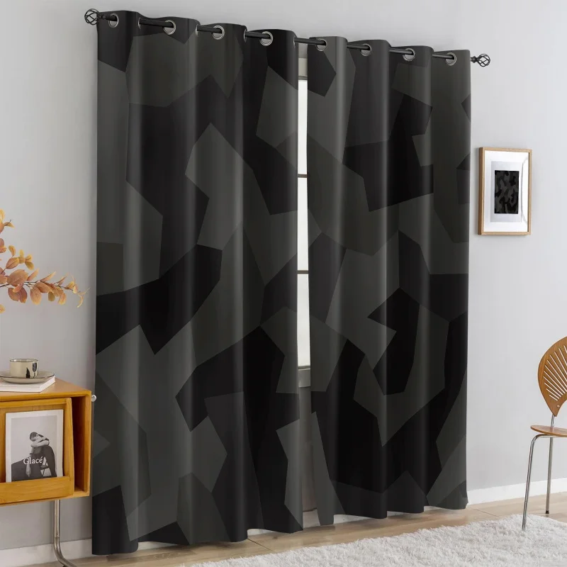 

2Pcs Black Gray Geometric Camouflage Print Perforated Blackout Curtains, Multi Size Living Room Bedroom Insulation Decoration