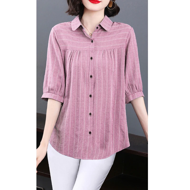 Women\'s Korean Fashion Striped Print Short Sleeve Button Up Shirt 2023 Spring Summer Casual Loose Cotton Blouse Top Blusas Mujer