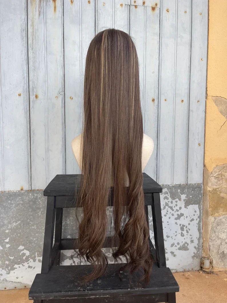 Highlight Brown 28‘’ Long 5x5 Silk Base Wave Jewish Human Hair With Baby Hair HD Lace European Hair Glueless Preplucked  Daily