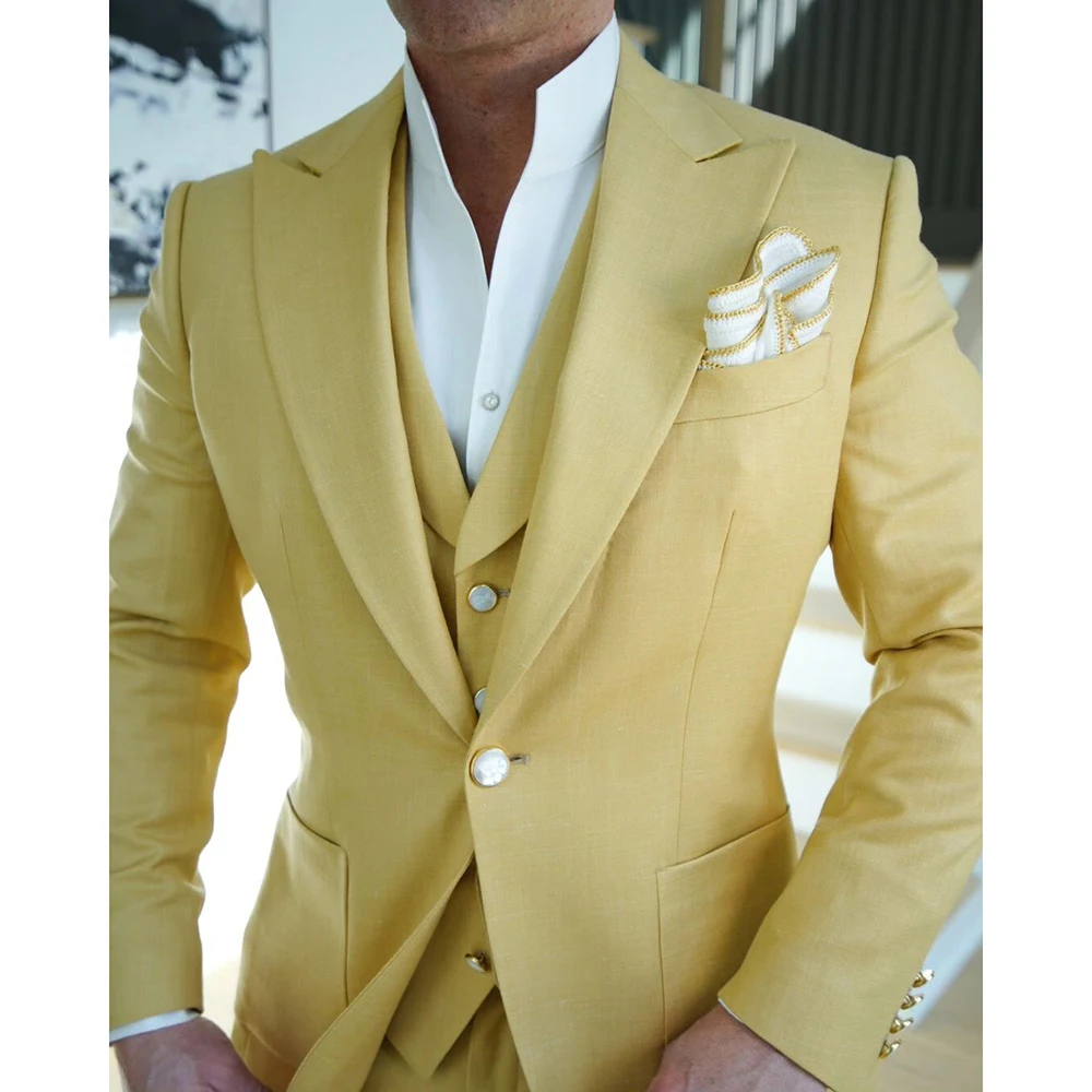 

Chic One Button Men Suits Elegant 3 Piece Jacket Pants Vest Full Sets Peak Lapel Slim Fit Male Clothing Prom Party Blazer Terno