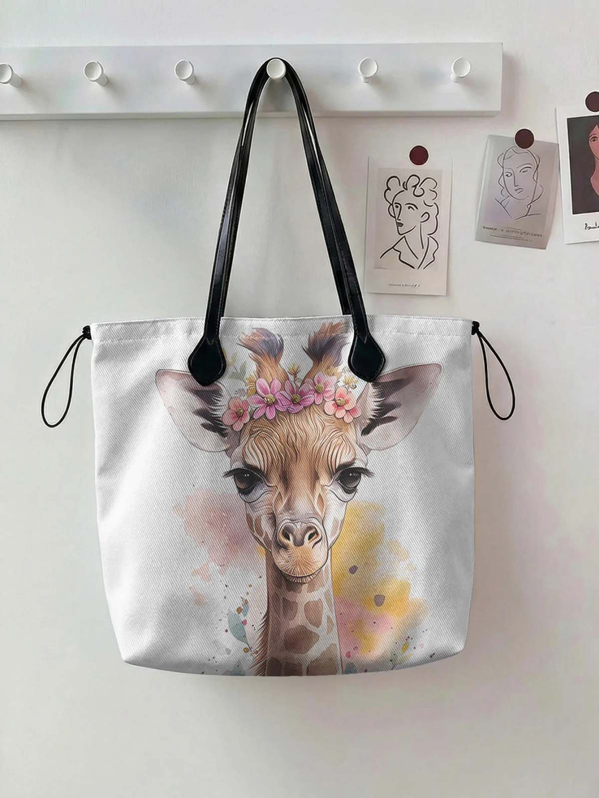 Giraffe printed handbag for women, large capacity leather handle shopping bag, casual shoulder bag
