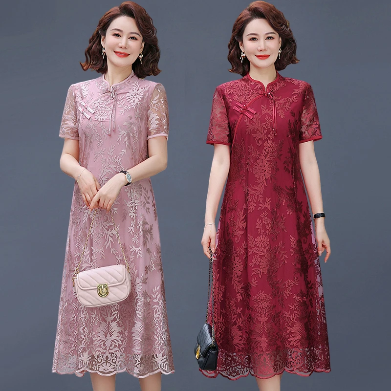 

Vintage short sleeved Chinese Style Dress For Middle-Aged Mothers Long Knee-Length Gowns Wedding Banquet Dress Women's Clothing