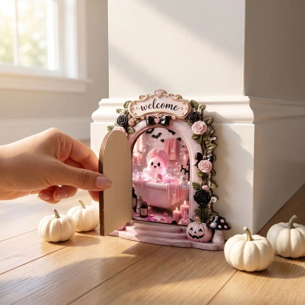New Thick Solid Wood Halloween Door Ornament Rose Bow Arch Shape Fairy Ghost Door Figurine Wooden Ghost Door Figurine Halloween