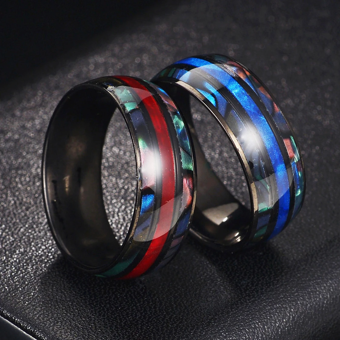 Fashion 8mm Blue Red Color Wedding Men Stainless Steel Rings Inlay Abalone Shell Blue Red Opal Rings Wedding Jewelry
