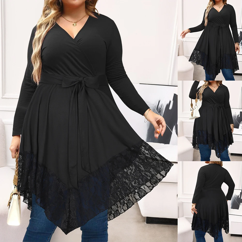 Kobiety Jesień Zima Duży Rozmiar Długi Rękaw Dekolt V Topy Koszula Sukienki Lady Plus Size Moda Luźna Solidna Casualowa Elegancka Odzież