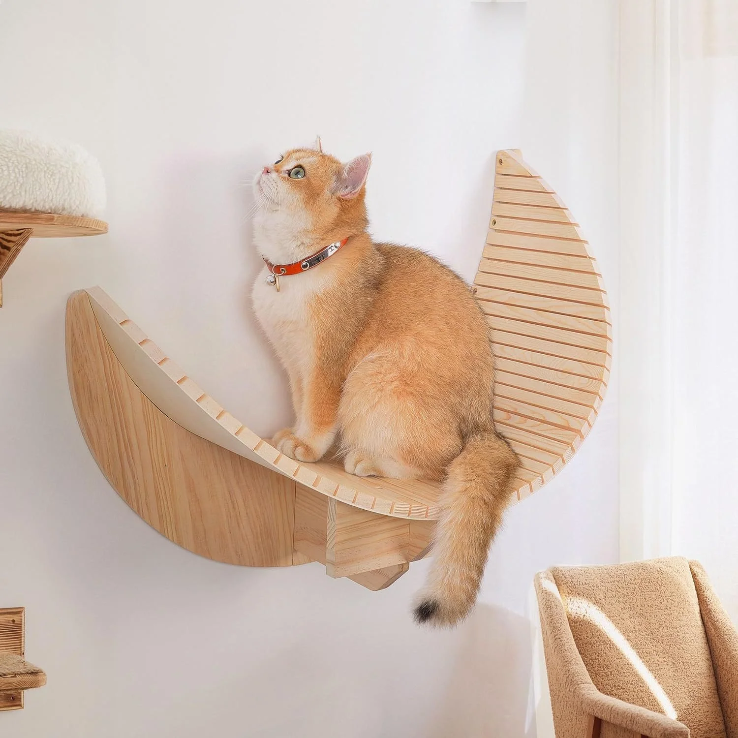 Factory Customized Hanging Cat Climbing Frame Solid Wood Cat Bed Moon Shaped Hammock Indoor Cat Wall Shelf