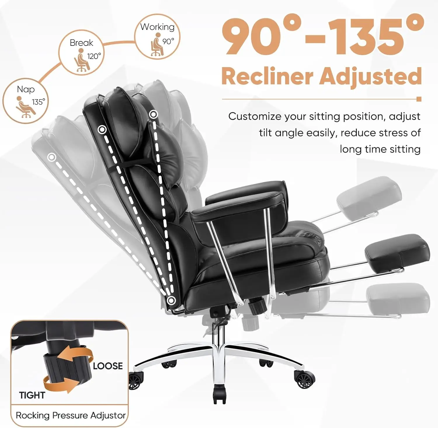 Executive Home Office Desk Chair - Ergonomic Big Tall High Back with Footrest & Lumbar Support, Reclining Height Adjustable