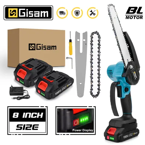 Gisam 8 인치 브러시리스 체인 톱 무선 휴대용 가지 치기 톱 Makita 18V 배터리 핀 용 목공 전기 톱 절단 도구