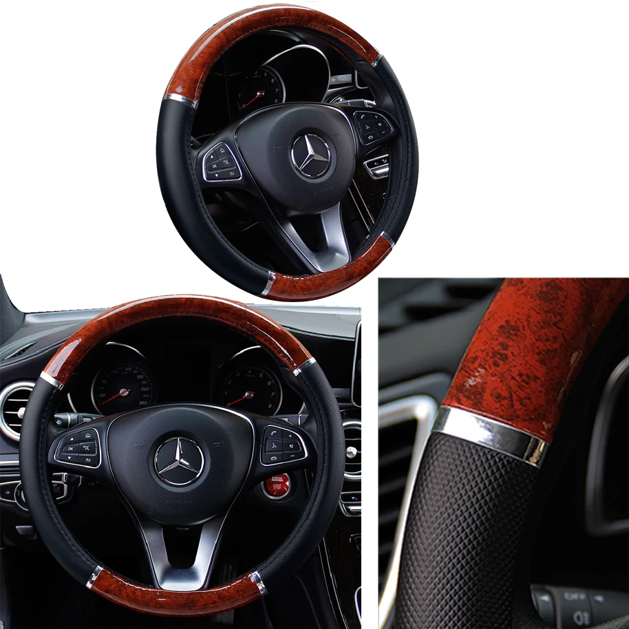 Universal Auto Car Steering Wheel Cover Mahogany Wood Leather Fit 37-38cm Wheel car Steer Wheel Covers Car interior decoration