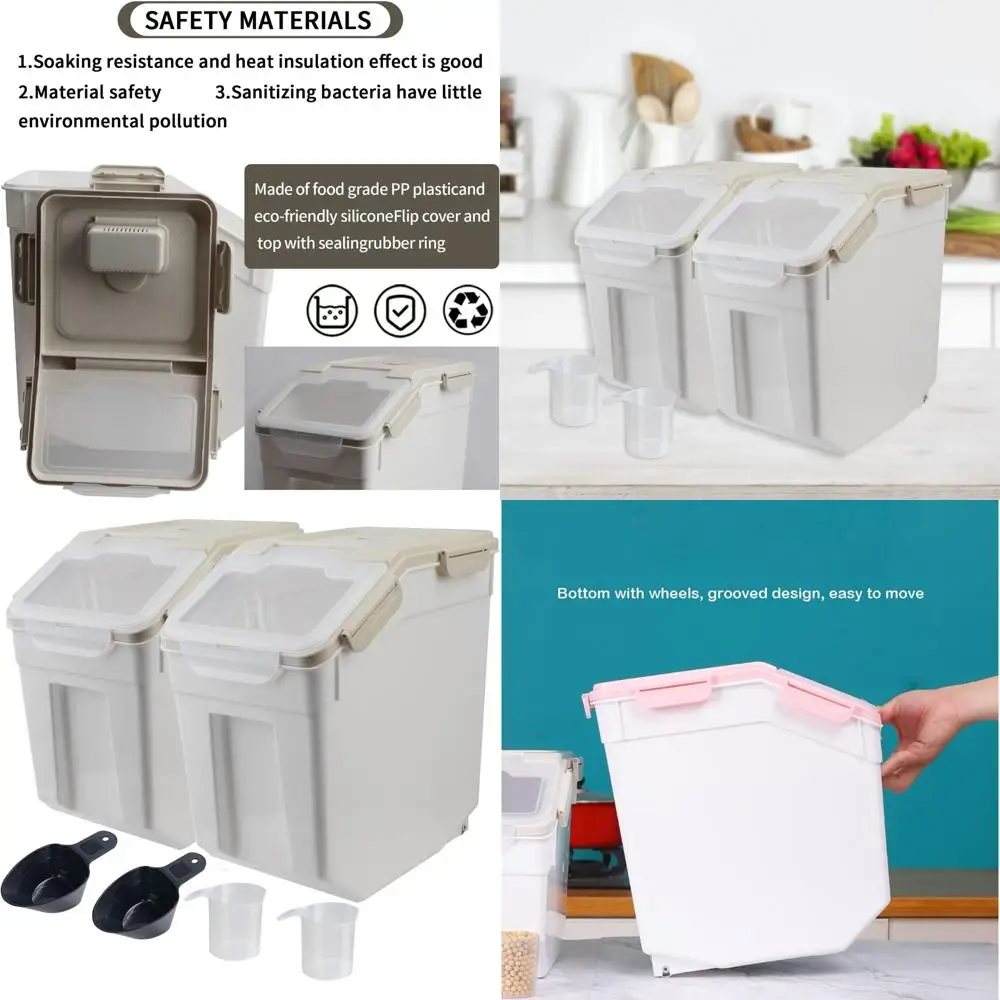 

Airtight 25lb Flour and Rice Storage Bin Set with Wheels, Seal Lock Lid, BPA-Free, Includes Measuring Cup & Scoop (Gray)