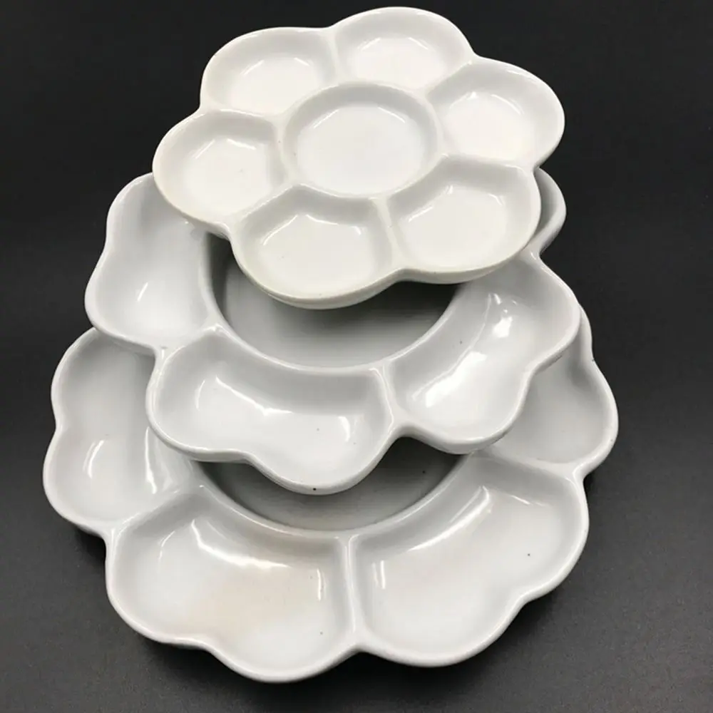 Ceramic Paint Palette Tray 6/7 Grid White Plum Blossom Paint Plate Flower Shaped 3 Size Porcelain Palette Watercolor Dish