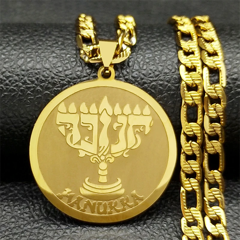 Jewish Menorah Candles Jerusalem Hanukkah Candlestick Pendant Necklace for Women Men Stainless Steel Gold Color Hebrew Jewelry ﻿