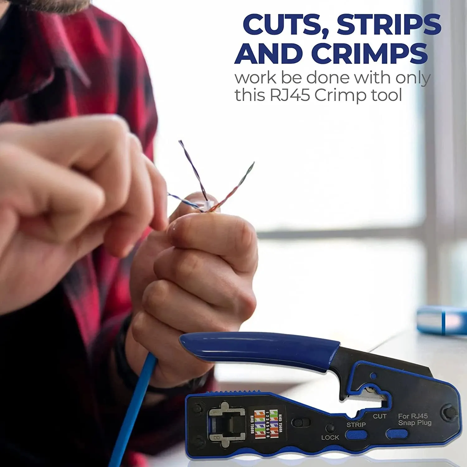 RJ45 Crimp Tool Pass Through Crimper Cutter for Cat6a Cat6 Cat5 Cat5e 8P8C Modular Connector Ethernet All-in-one Wire Tool