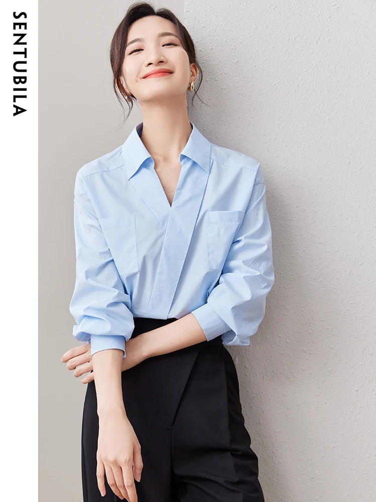 SENTUBILA Comfortabele 100% katoenen blauwe shirts voor dames 2024 Lente Elegante mode Tops met lange mouwen Shirts en blouses 133C50499