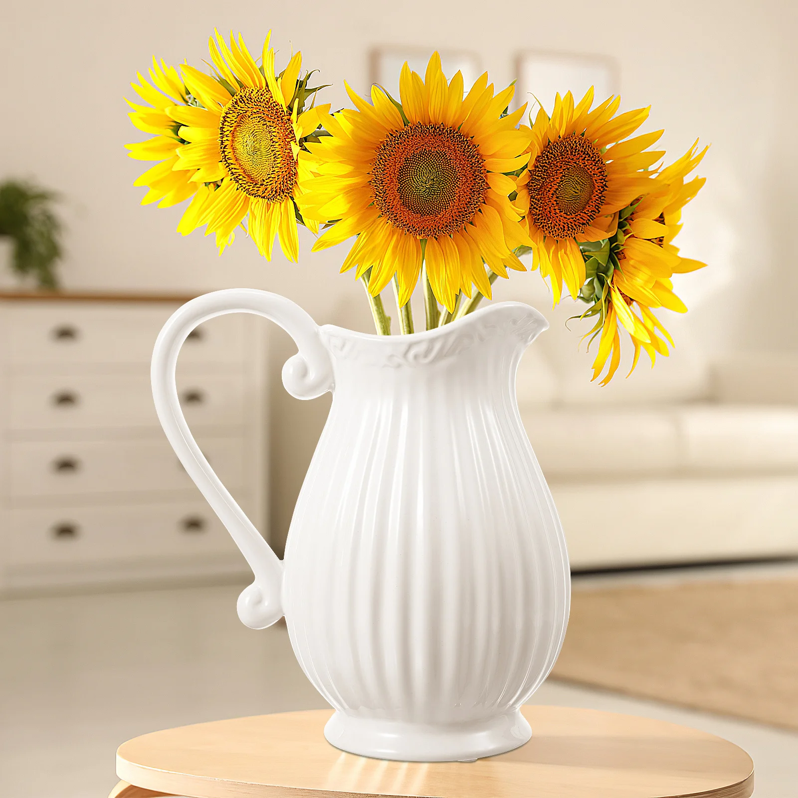 

1Pcs Simple Porcelain Vase White Striped Ceramic Pitcher Shape Dried Flower Holder for Desktop Wedding Garden Decor Home Room
