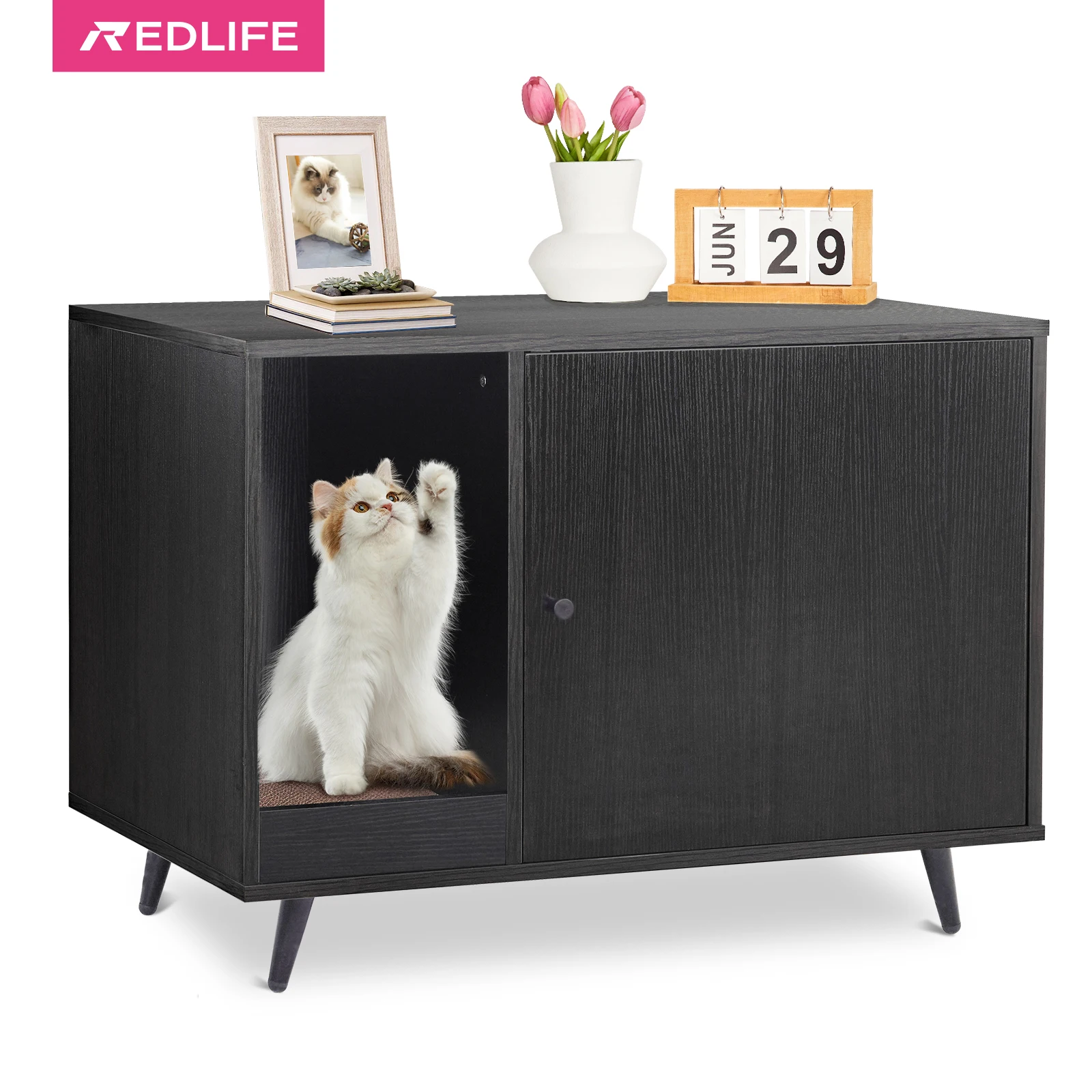 

REDLIFE Cat Litter Box Enclosure Wood Pet Crate House Side End Table Cat Washroom Furniture w/ Cat Scratcher & Door Fit Most Cat