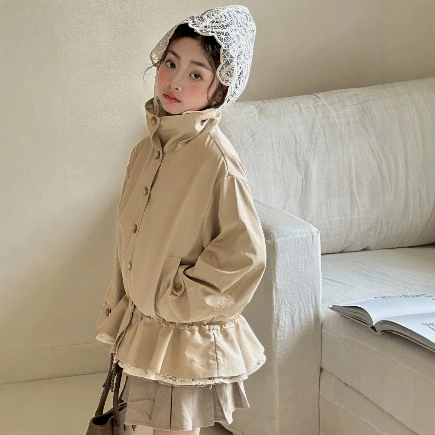veste-coupe-vent-rouge-pour-fille-vetements-d'automne-vetements-pour-enfants-haut-a-empiecements-en-dentelle-longueur-courte-melange-de-coton