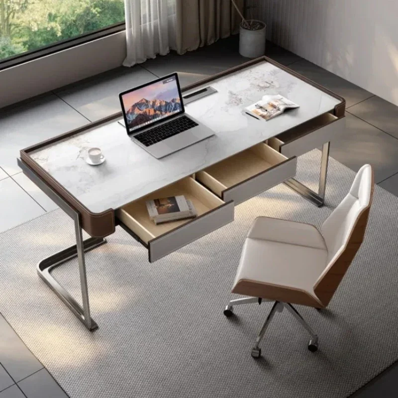 

B Light Luxury Minimalist Designer Modern Saddle Leather Stone Plate Desk Bedroom Office Desk