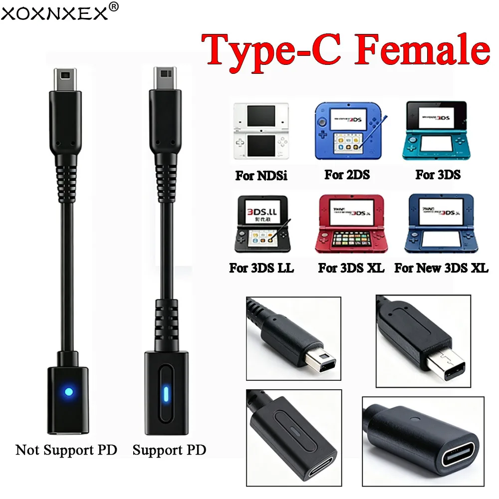 Cabo conversor de carregador USB-C fêmea para NDSi, 3DS, 2DS XL, LL, New3DSXL, consola de jogos portátil, adaptador de carregamento PD com luz LED.