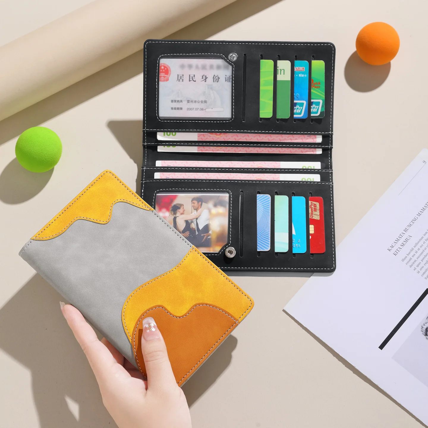 Color Block Long Wallet 2026 Faux Leather Card Holder Multi Slot ID Window Cash Compartment Snap Button Clutch Purse Women Men