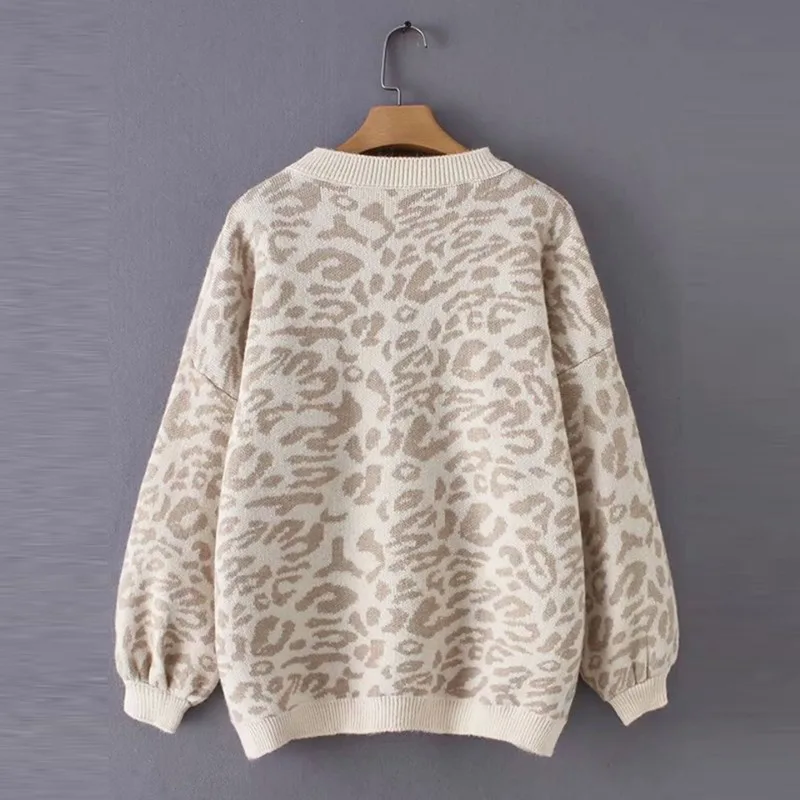 Autumn and Winter New European and American Loose Round Neck Leopard Puff Sleeve Knitwear Pullover Sweater Women