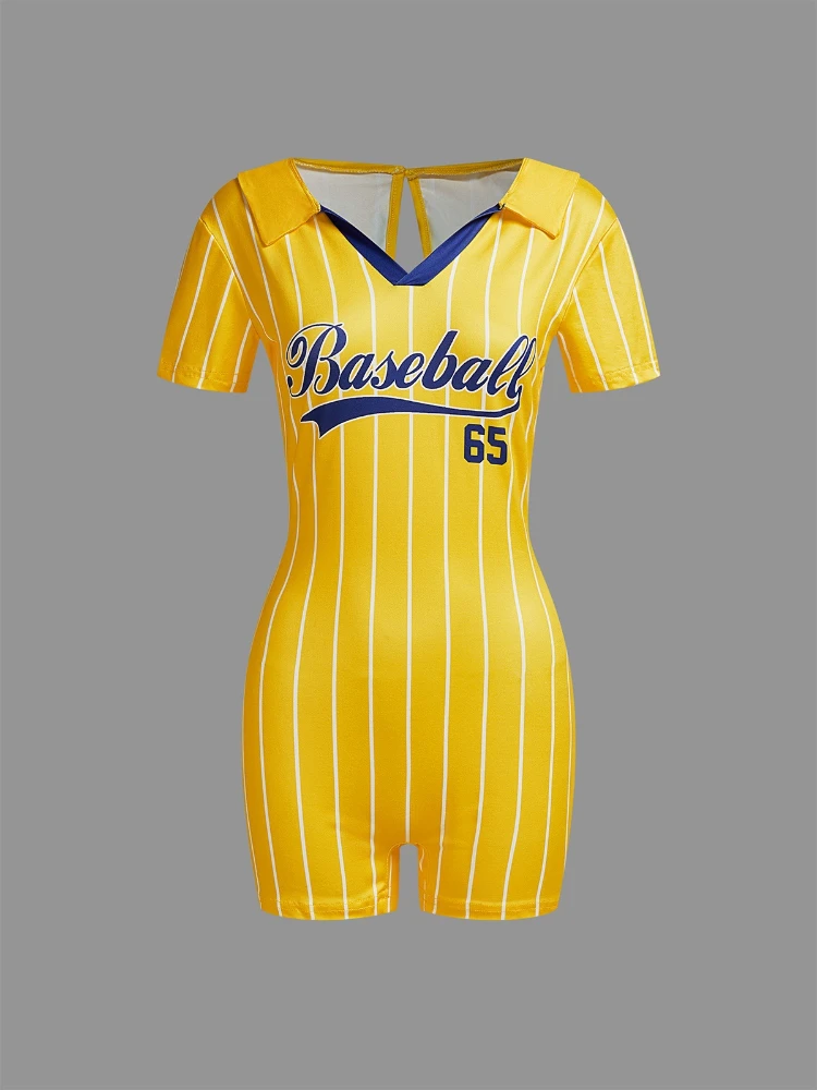 Summer clothing, New Fashion 2025, women's V-neck casual jumpsuit, one-piece, tight shorts, sportswear, printed baseball letters