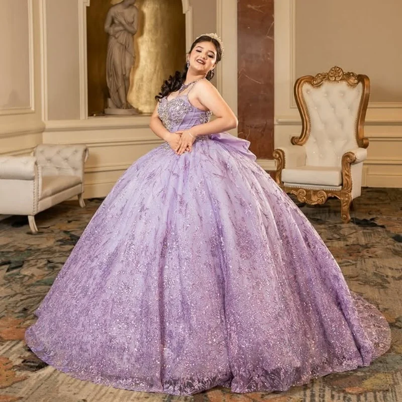 

Customized Shiny Purple Quinceanera Dresses Off the Shoulder sequin crystal applique Long tail Bow Vestido 15 Quinceanera