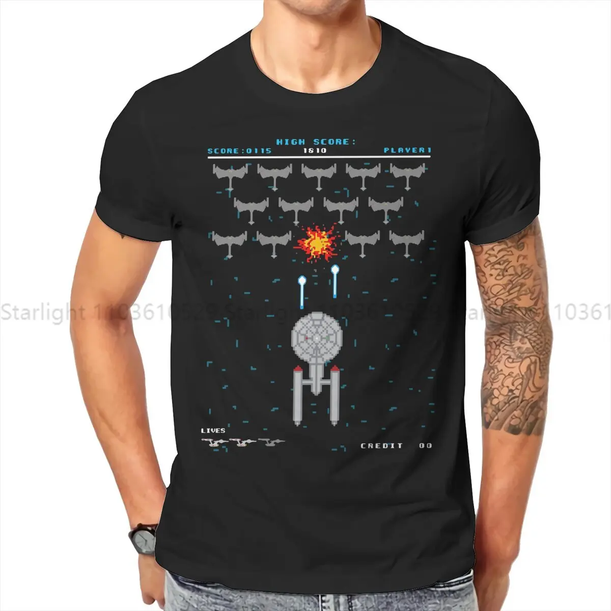 Starr Trrekk Creative TShirt for Men Pixel Art Battle Scene Round Neck T Shirt Distinctive Gift Streetwear