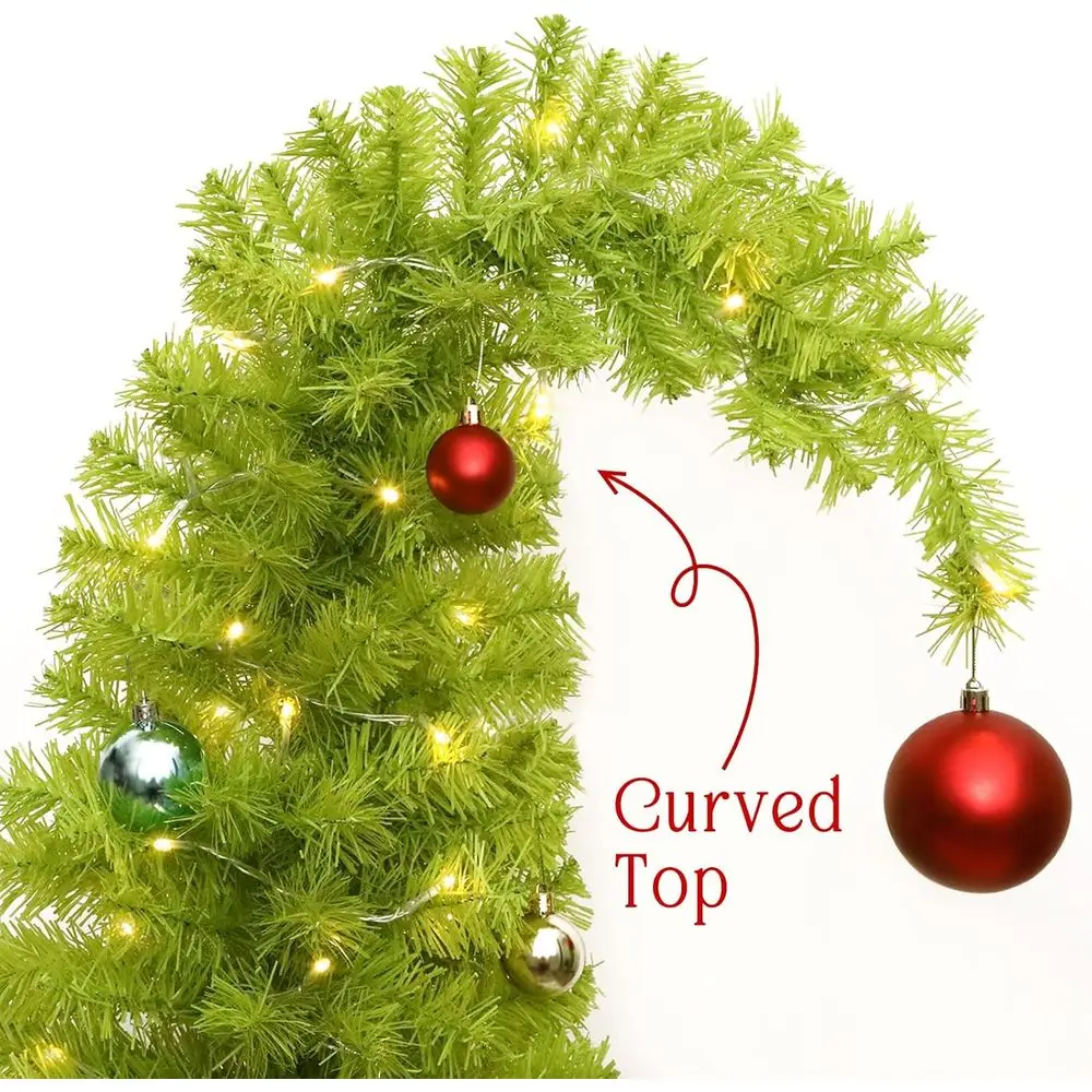 شجرة عيد الميلاد الاصطناعية القابلة للانحناء بطول 5 أقدام باللون الأخضر الليموني مع 150 مصباح LED وقاعدة معدنية وزخارف كروية للمنزل والمكتب