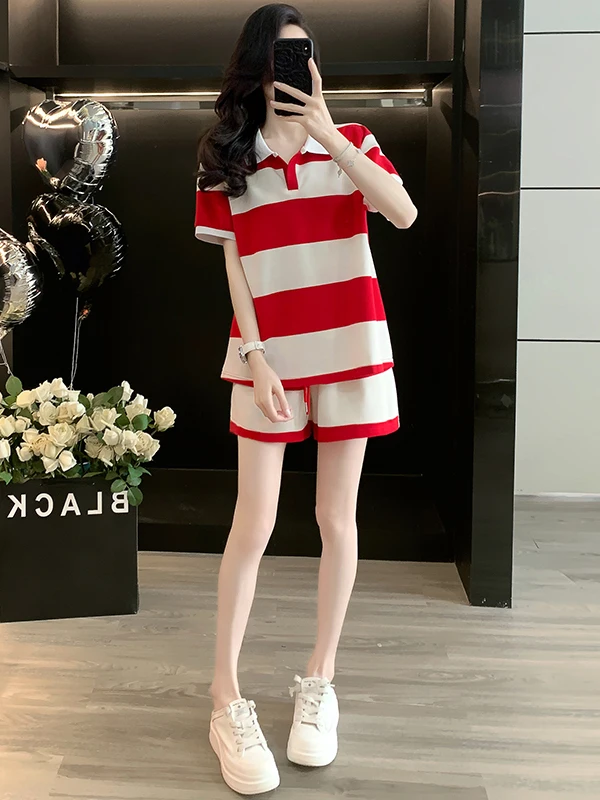 

Summer Stripe Casual Sportswear Set Women's Fashion Anti-Aging Slimming Short Sleeve Top Shorts Two-Piece Set Neck