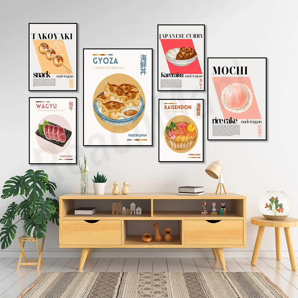 Tempura, eel, ramen, yakitori, seafood rice bowl, dumplings, curry, sake, takoyaki, mochi, wagyu Japanese street food poster