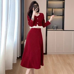 Autumn Winter Two Piece Set Fashion Women Corduroy O Neck Ruffles Short Tops + High Waist A Line Mid Skirt Office Suits