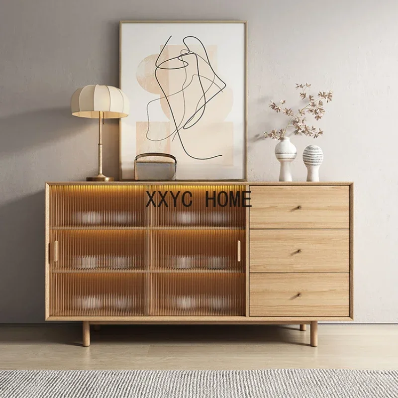 

Glass with Light Solid Wood Sideboard Modern Minimalist Entrance Cabinet Silent Wind Tea Cabinet Storage