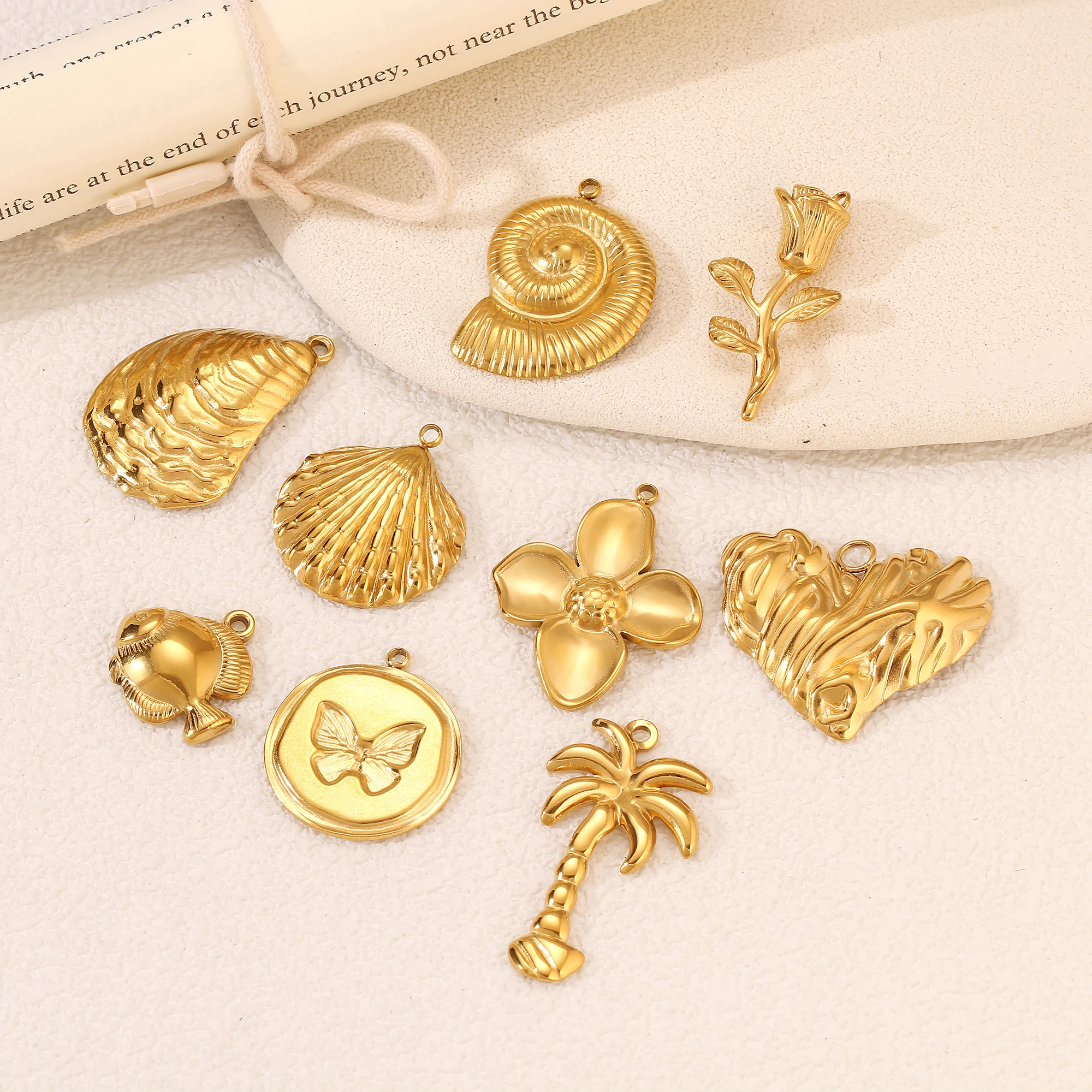 3Pcs Stainless Steel Fish Tail/Shell/Rose/Butterfly Charms Waterproof Gold Color Plated Marine Animal Pendant DIY Jewelry Making - view 6