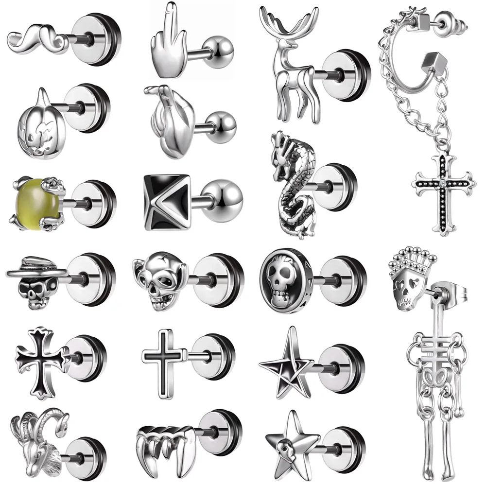 Zs-ステンレス鋼のパンクイヤリング,16g,スカルデザイン,バックル,スネーク,クロス,ヘリックス,ドリル,1ピース