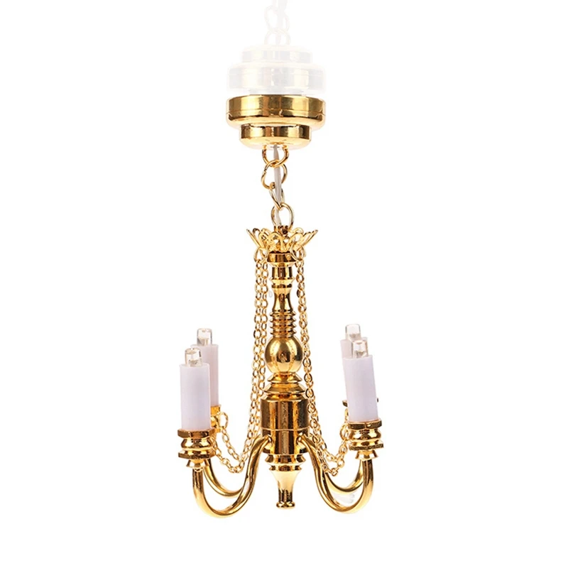 1 PCS 1:12 Dollhouse Mini 4 Arm Ceiling Lamp Chandelier LED Lamp Dollhouse Decoration Gold