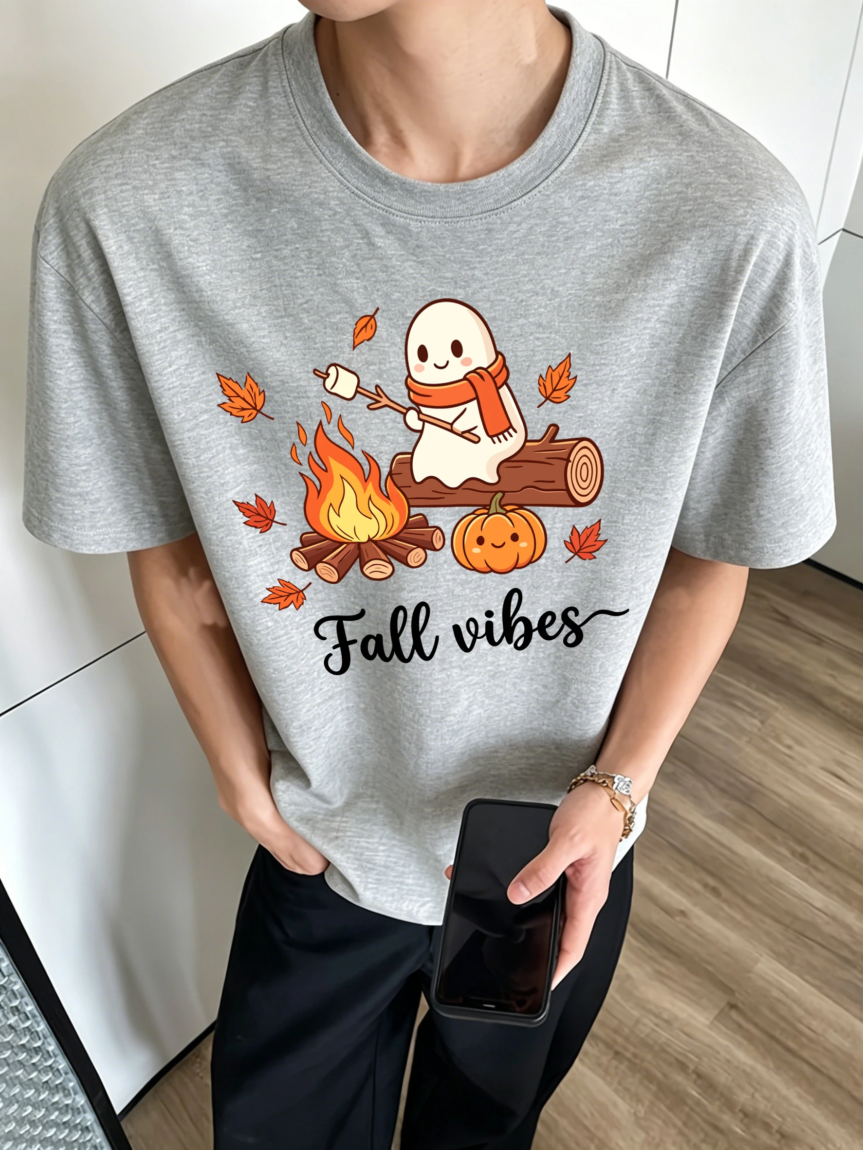Summer Clothing Vibes - เสื้อยืดผู้ชายพิมพ์ลายผีฮาโลวีน ให้ความรู้สึกสบายๆ สำหรับฤดูใบไม้ร่วง คอกลม ผ้าฝ้าย ระบายอากาศได้ดี