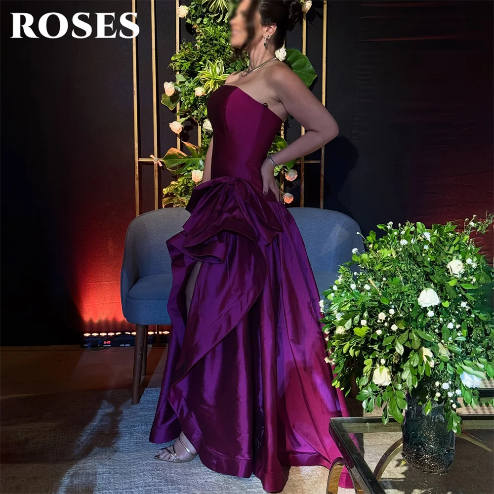ROSES Purple Evening Dress Strapless Sleeveless Formal Gown High Low Night Dresses with Bow Prom Dress Floor Length Customized
