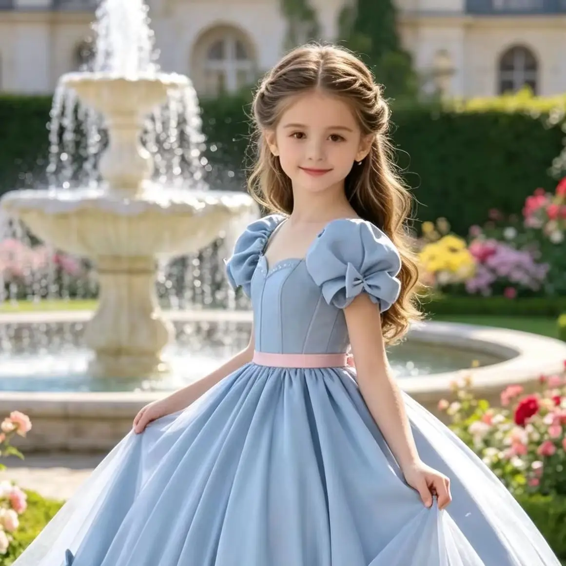 Elegant Flower Girl Dresses For Wedding Short Sleeves with Bows Long Kids Party Birthday Dress First Communion Gown Custom