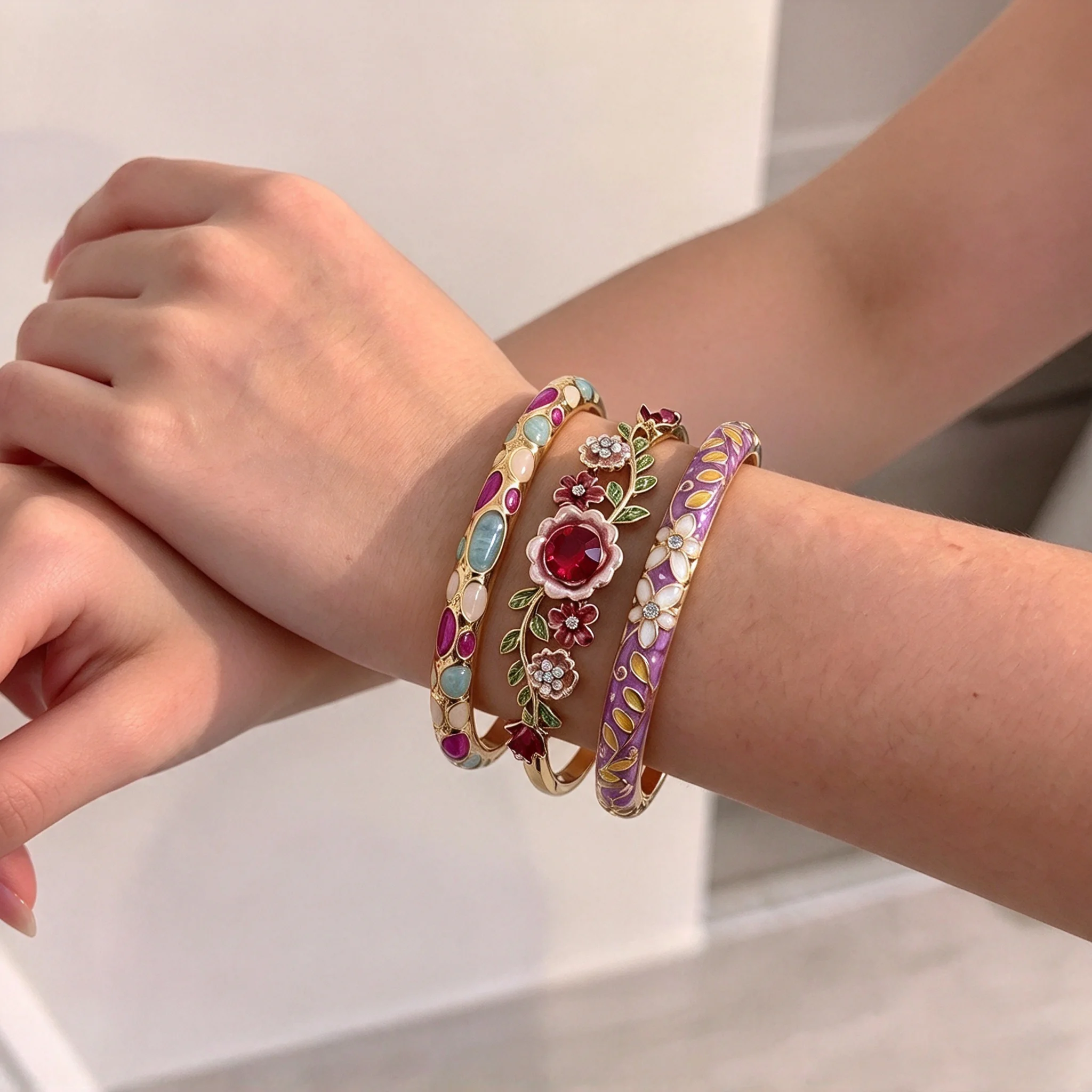 Sweet Style Colorful Enamel Flower Bracelet Set Romantic Fashion Ladies Jewelry Gift for Girlfriend Valentine's Day Party